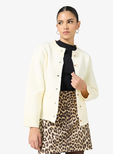 Button Up Wool Blend Structured Cardigan