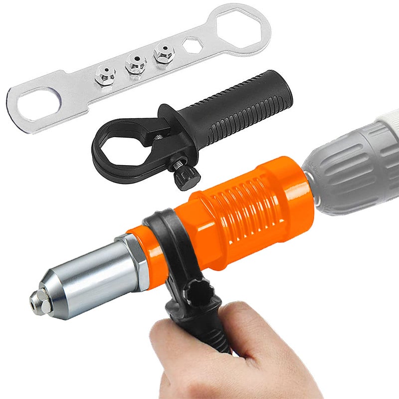JONMON Electric Rivet Gun Adapter Cordless Drill Metal RiveterBlind Riveting Rivet Insert Nut Attachment Power Tool Kit with 3 Rivet Convertible Heads and Handle Wrench