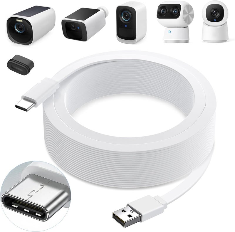 delilyn 25ft Power Cable for eufy SoloCam S220/S340, C210, Power Extension Cable for eufyCam 3/S330, 3C/S300, Weatherproof Flat Charging Cord for eufy Indoor Cam S350/C220/C210, Indoor Outdoor Use - Image 1