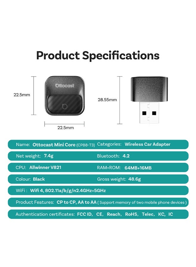 Ottocast Mini Core Wireless CarPlay & Android Auto Adapter 2-in-1 | Convert Wired to Wireless | Plug & Play USB Dongle | Fast Auto Connect | Compact Design 2026 - Image 2