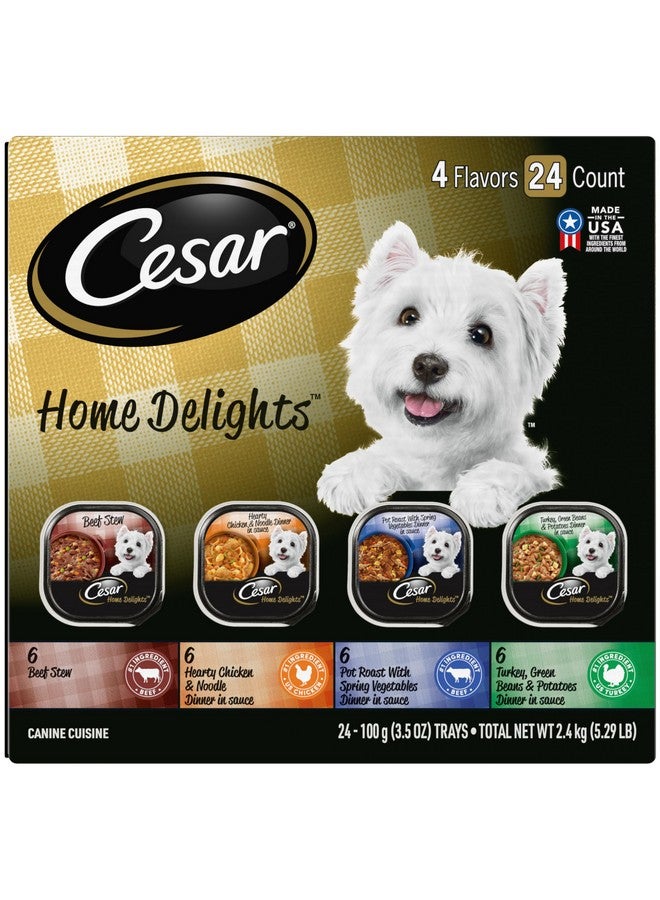سيزار طعام الكلاب الرطب للكبار من هوم ديلايتس، لحم بقري مسلوق وخضروات، ولحم ديك رومي وبطاطس وفاصوليا خضراء، ودجاج ونودلز، عبوة متنوعة، 3.5 أونصة، صينية سهلة التقشير، عبوة من 24 قطعة - Image 1