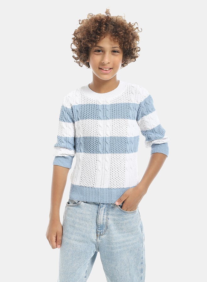 Andora Self Patterened Crew Neck Knitted Pullover-Blue And White - Image 1