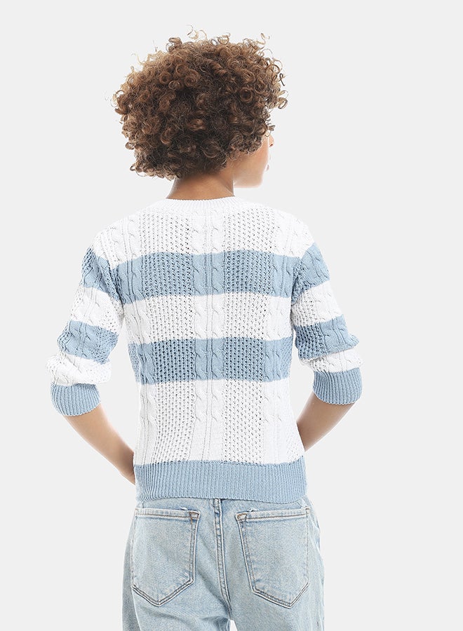 Andora Self Patterened Crew Neck Knitted Pullover-Blue And White - Image 3