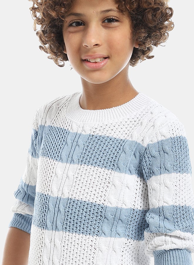 Andora Self Patterened Crew Neck Knitted Pullover-Blue And White - Image 4