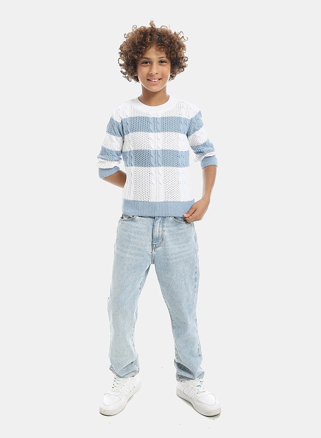 Andora Self Patterened Crew Neck Knitted Pullover-Blue And White - Image 5