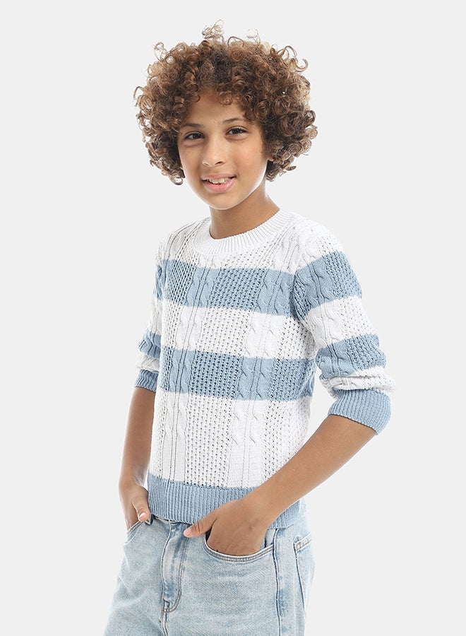 Andora Self Patterened Crew Neck Knitted Pullover-Blue And White - Image 2