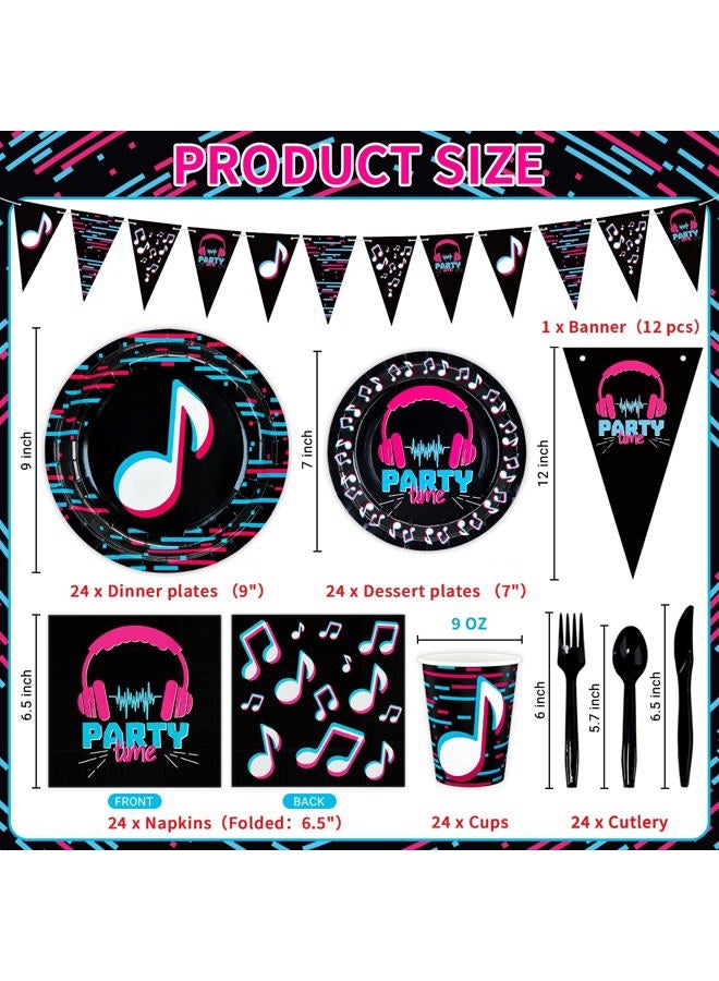 DYLIVeS Music Party Supplies, Hip Hop Themed Party Decorations Tableware Set Sing Birthday Party Supplies for Musician Include Bannner, Paper Plates, Cups, Napkins, Cutlery (Serves 24, Total 180pcs) - Image 2