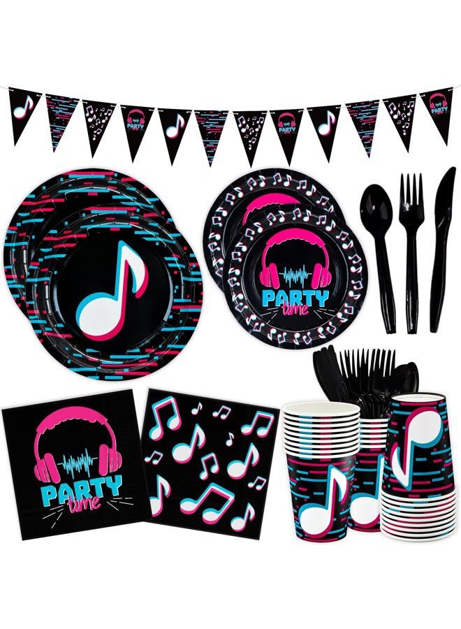 DYLIVeS Music Party Supplies, Hip Hop Themed Party Decorations Tableware Set Sing Birthday Party Supplies for Musician Include Bannner, Paper Plates, Cups, Napkins, Cutlery (Serves 24, Total 180pcs) - Image 1