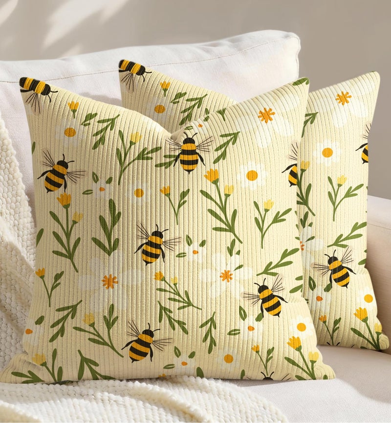 Kokaaee Corduroy Throw Pillow Covers 18x18 Set of 2 Decorative Spring Pillow Covers with Zipper Farmhouse Decor Cottage Throw Pillowcases for Couch Sofa Living Room Home Bedroom Flower Bee - Image 2