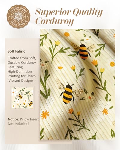 Kokaaee Corduroy Throw Pillow Covers 18x18 Set of 2 Decorative Spring Pillow Covers with Zipper Farmhouse Decor Cottage Throw Pillowcases for Couch Sofa Living Room Home Bedroom Flower Bee - Image 3