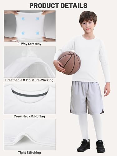 HXP Boys Compression Thermal Shirt Youth Long Sleeve Fleece Undershirts Kids Football Baseball Soccer Base Layer White M - Image 4