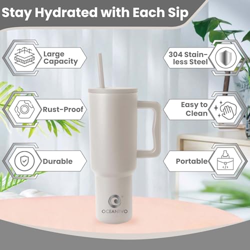 OCEANEVO 1200 ML Stainless Steel Tumbler with Lid and 3 Straws, Double Insulated Cup with Handle for Hot and Cold Beverages, 100% Leakproof Mug for Office, Gym, and Travel | Lavender Mist - Image 3