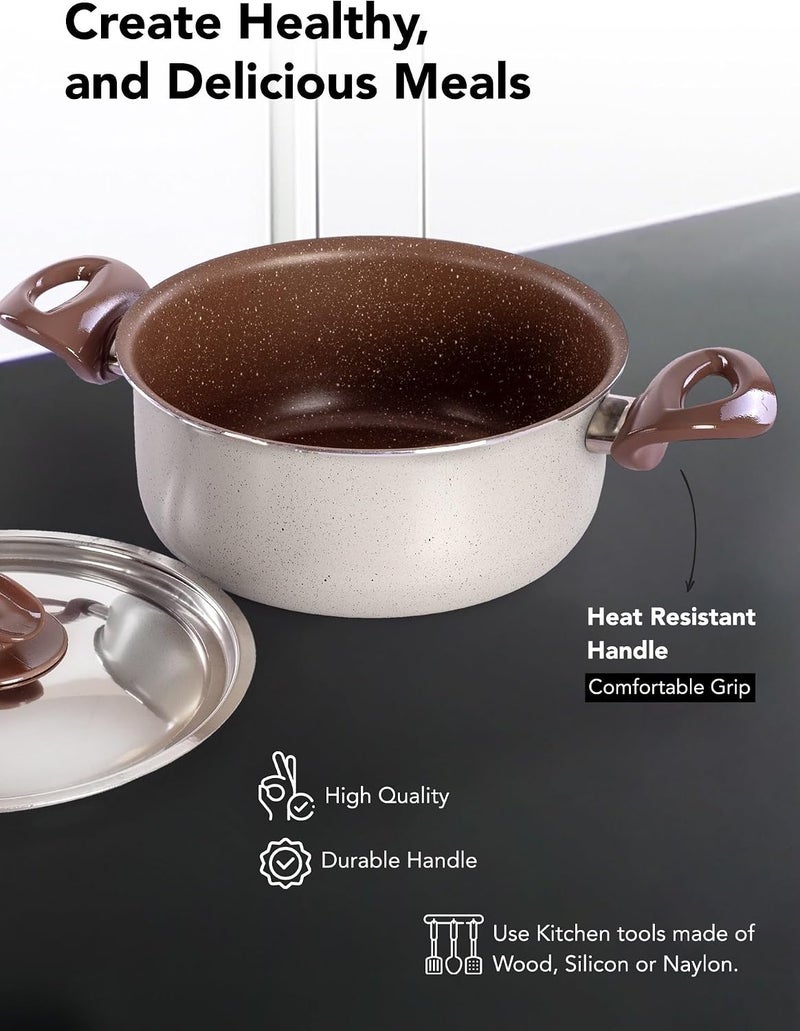 8-Piece Non-Stick Cookware Set Aluminum Pots And Pans Non-Stick Surface Bakelite Handle Stainless Steel Lids PFOA Free Brown and beige granite 22-26+26+18 cm - Image 3