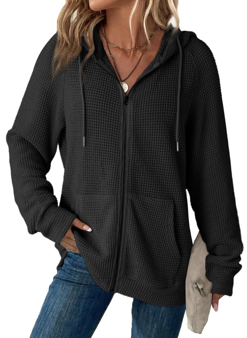 Dokotoo Womens Sweatshirt Black Fall Solid Color Hoodies Oversized Full Zip Up Hoodie Long Sleeve Ladies Waffle Knit Hooded Sweatshirts Pockets Jacket Coat for Women Teen Girls Fashion 2026 Casual L - Image 1
