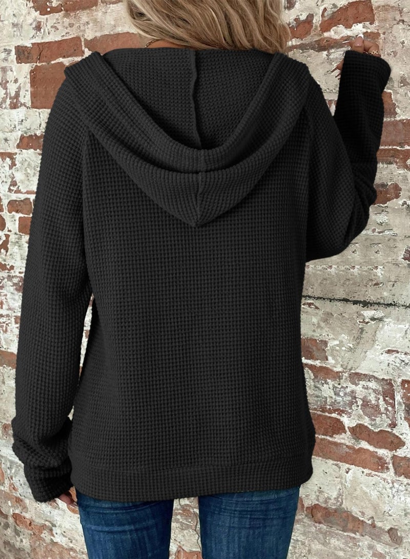 Dokotoo Womens Sweatshirt Black Fall Solid Color Hoodies Oversized Full Zip Up Hoodie Long Sleeve Ladies Waffle Knit Hooded Sweatshirts Pockets Jacket Coat for Women Teen Girls Fashion 2026 Casual L - Image 2