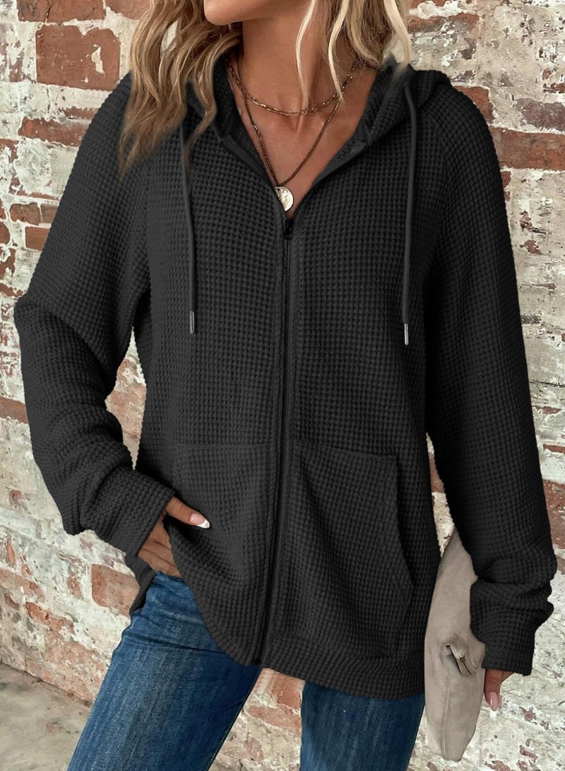 Dokotoo Womens Sweatshirt Black Fall Solid Color Hoodies Oversized Full Zip Up Hoodie Long Sleeve Ladies Waffle Knit Hooded Sweatshirts Pockets Jacket Coat for Women Teen Girls Fashion 2026 Casual L - Image 3