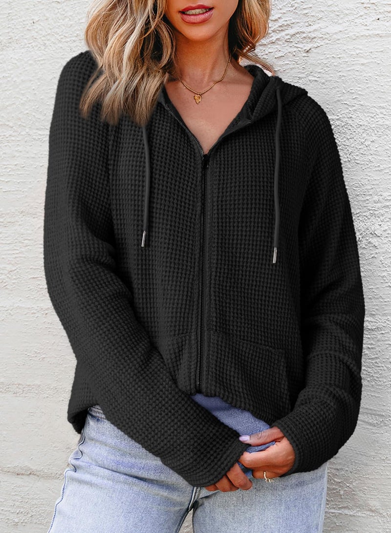 Dokotoo Womens Sweatshirt Black Fall Solid Color Hoodies Oversized Full Zip Up Hoodie Long Sleeve Ladies Waffle Knit Hooded Sweatshirts Pockets Jacket Coat for Women Teen Girls Fashion 2026 Casual L - Image 4