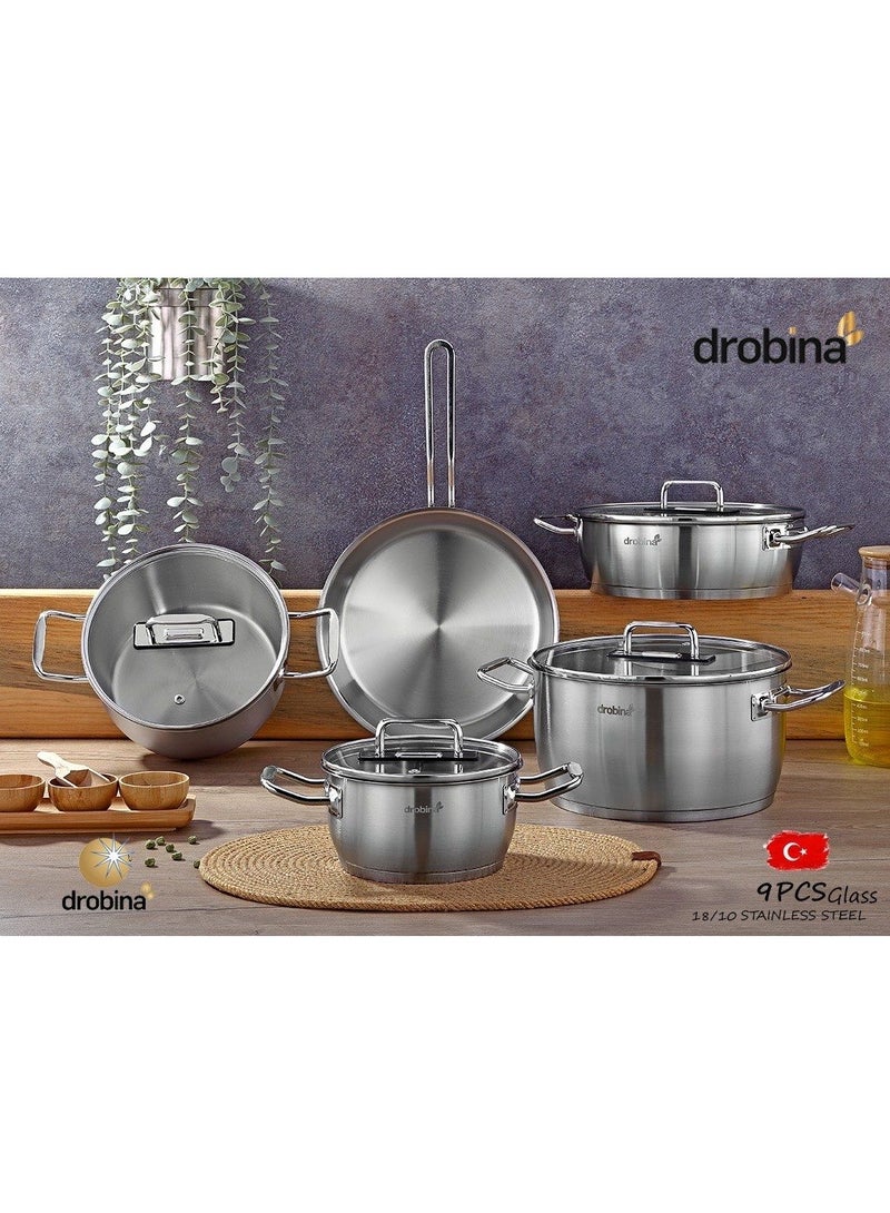 Drobina Pots Set 9 Pieces Turkish  Matte Stainless Steel Glass Lids18/10 - Image 1