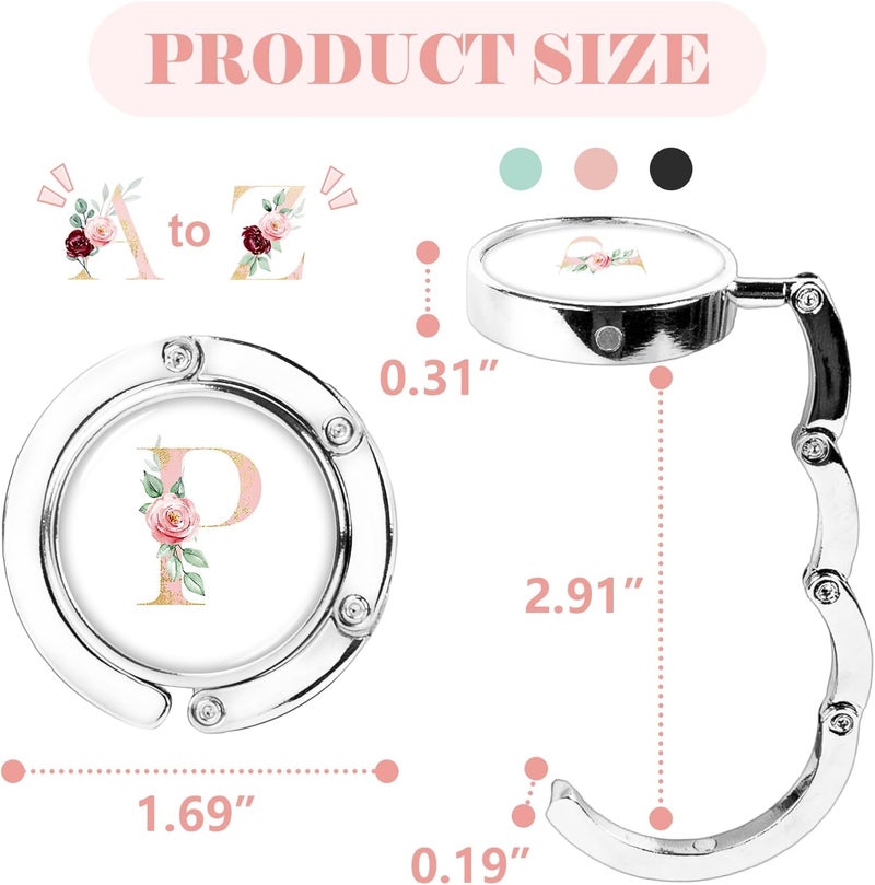 Iqimott 3pcs Personalized Initial Foldable Purse Hook for Table, Flower Letter Folding Handbag Hanger Portable Magnet Table Hook Holder, Collection Desk Purse Holder for Women (Pink-P) - Image 2