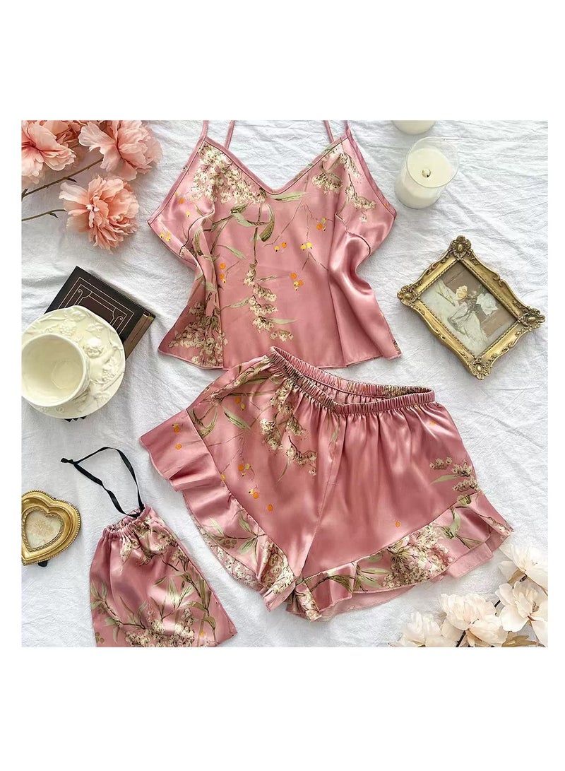 Women Satin Floral Pajama Set with Cami Top And Shorts With carrying Bag - Image 1