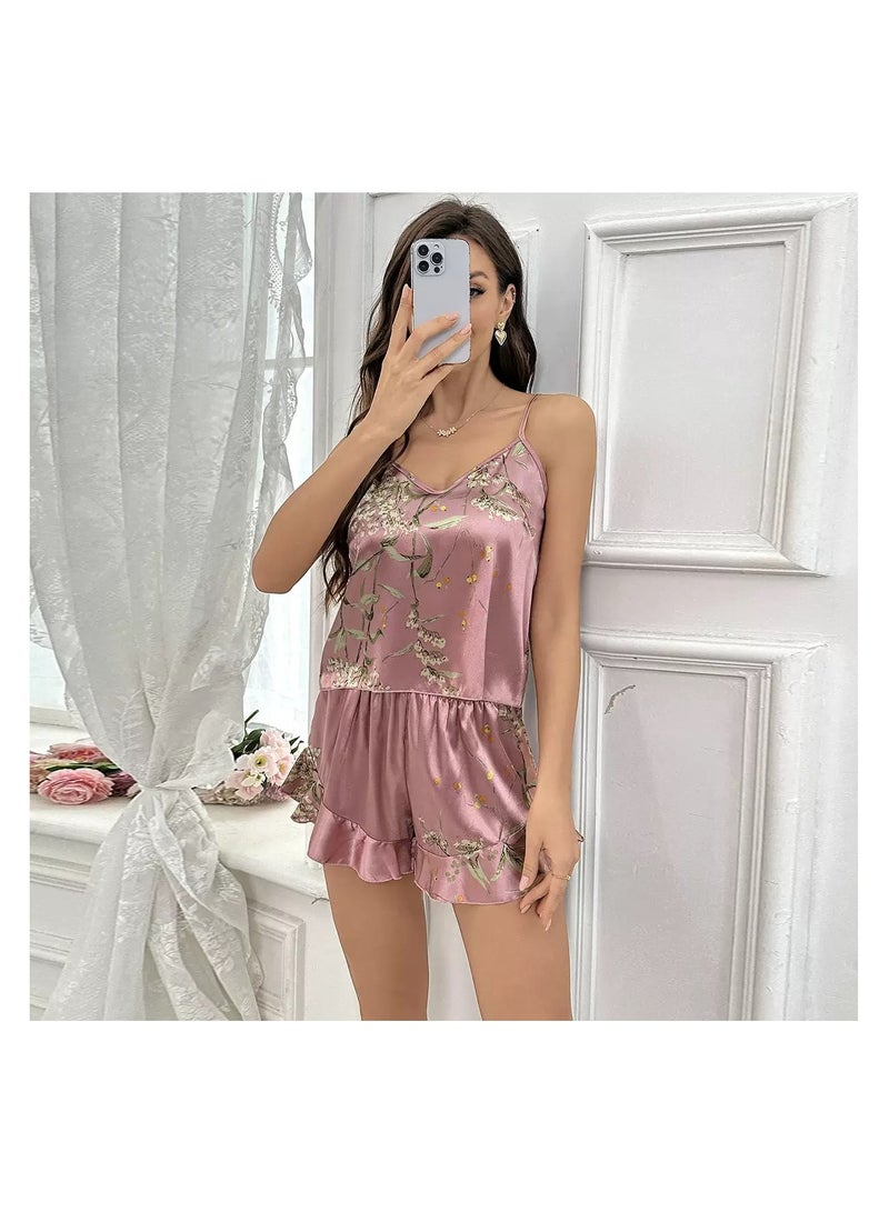 Women Satin Floral Pajama Set with Cami Top And Shorts With carrying Bag - Image 2