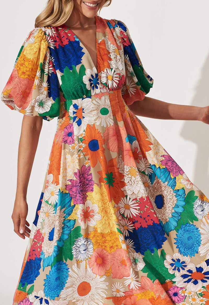 Maxigerui Women's Summer Floral Maxi Dress Spring Wedding Guest Dress 2026 Orange Multi Floral M - Image 2