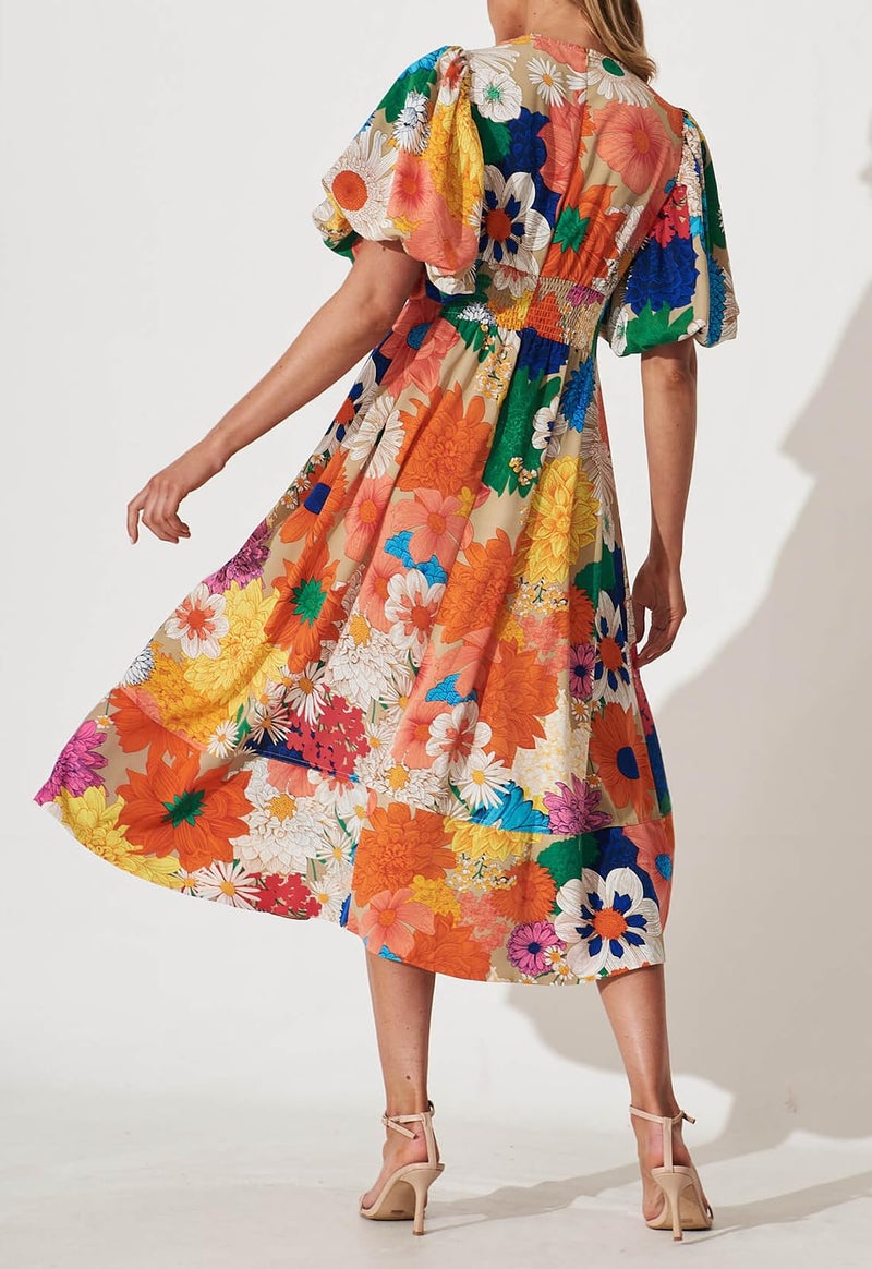 Maxigerui Women's Summer Floral Maxi Dress Spring Wedding Guest Dress 2026 Orange Multi Floral M - Image 3