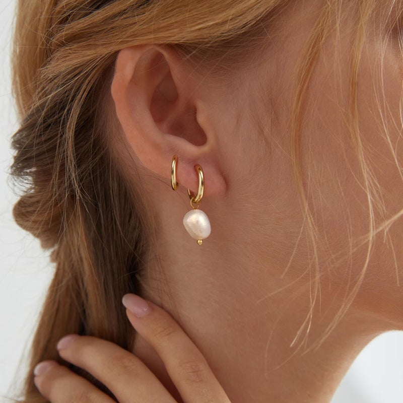 Moodear Trendy Pearl Drop Hoop Earrings for Women - Dainty 14K Gold Plated Small Dangle Baroque Pearls Stud Hoops Hypoallergenic Earring Sets for Multiple Piercing - Image 3