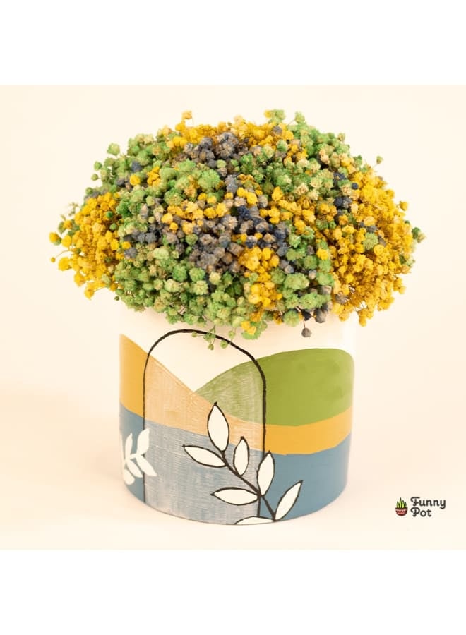 Pottery Plant Pot with natural immortal baby flowers - green , blue & yellow - 18*10 cm