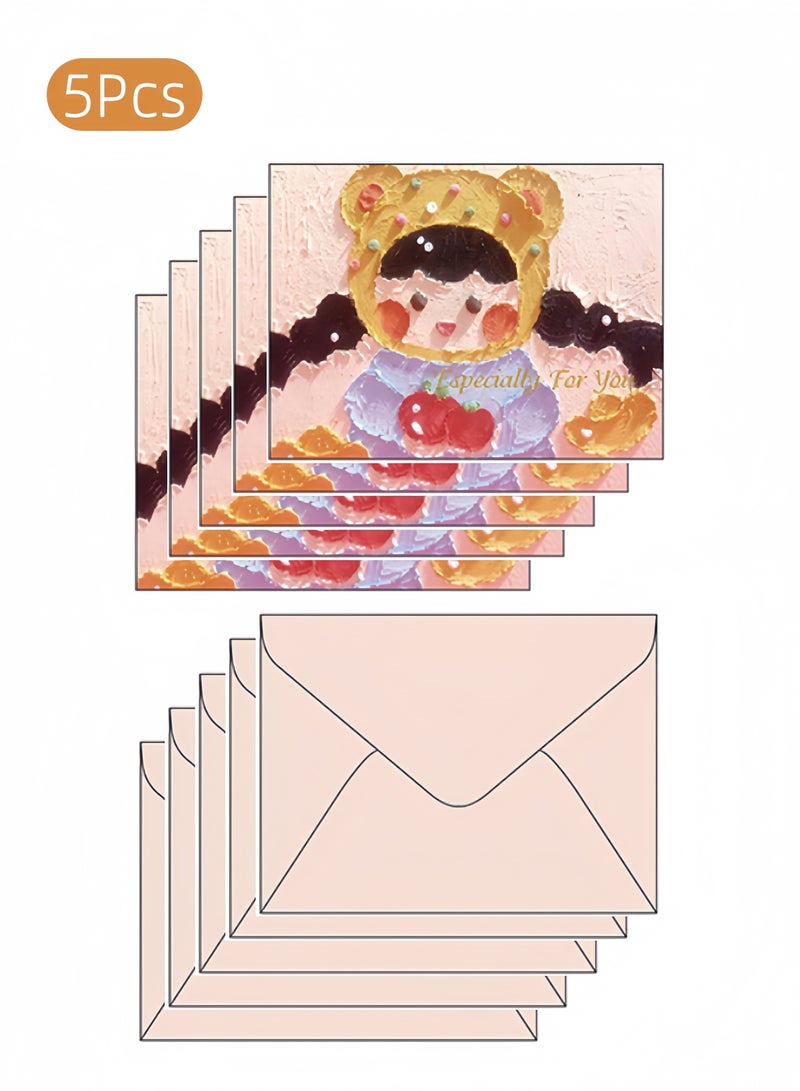 لغة بطاقات تهنئة بأسلوب اللوحة الزيتية (5 قطع)، بطاقات بريدية بأسلوب الرسم اليدوي، بطاقات تهنئة رومانسية وشفائية لأعياد الميلاد، الحفلات، التجمعات، الهدايا، وعلامات المودة (فتاة لطيفة) - Image 1