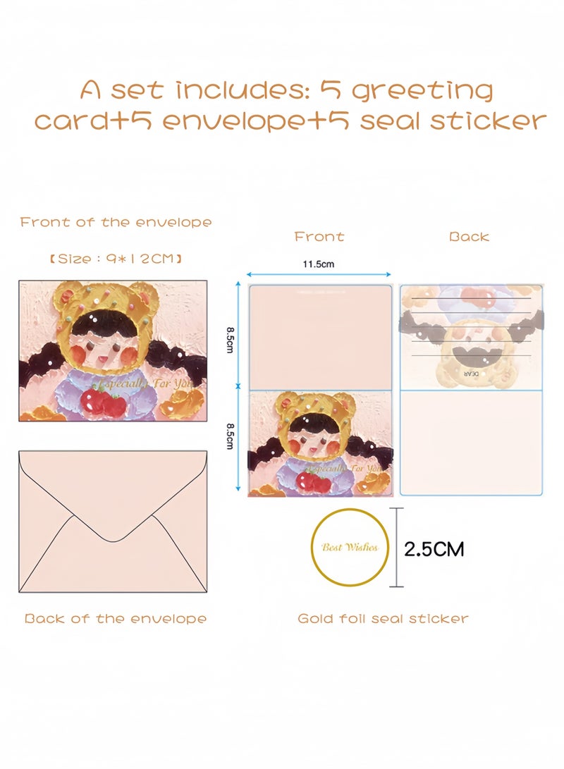 لغة بطاقات تهنئة بأسلوب اللوحة الزيتية (5 قطع)، بطاقات بريدية بأسلوب الرسم اليدوي، بطاقات تهنئة رومانسية وشفائية لأعياد الميلاد، الحفلات، التجمعات، الهدايا، وعلامات المودة (فتاة لطيفة) - Image 2