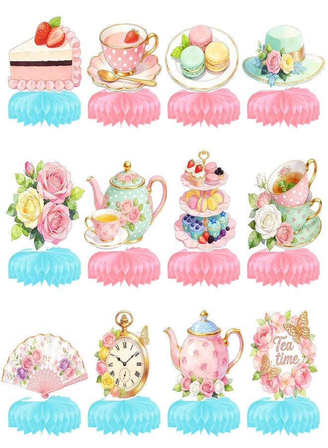 CYUXING 12Pcs Floral Tea Party Decorations - Honeycomb Ball Centerpieces for Tables | Vintage Elegant Teapot, Clock & Fan Designs | Easy Setup Cardboard Decor for Bridal Shower Party Favors - Image 1