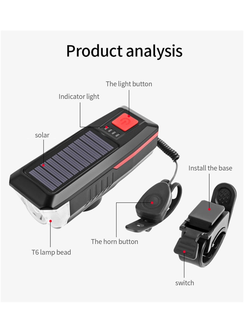 Excefore مجموعة مصابيح الدراجة LED مصباح أمامي للدراجة 800 لومن USB قابلة لإعادة الشحن بالطاقة الشمسية 3 أوضاع إضاءة مصباح دراجة IP65 مقاوم للماء مع ضوء خلفي وملحقات بوق لركوب الدراجات - Image 4
