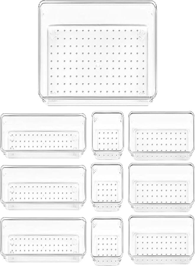 STORESLA™ 10-Piece Multi-Sized Non-Slip Drawer Organizer Trays, Clear Plastic, Ideal for Desk, Dresser, Kitchen & Bathroom, Store Makeup, Kitchen Utensils, Jewelry & More