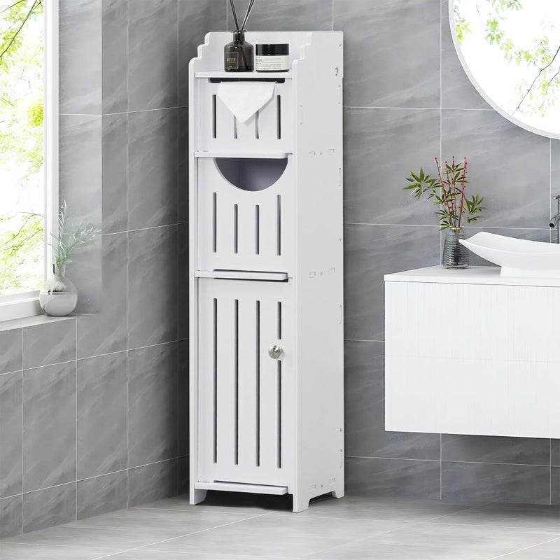 VECELO Bathroom Cabinet, Small Storage Cabinet with Toilet Paper Scroll,Corner Cabinet with Farmhouse Style Door for Bathroom Narrow Corner Space,Pearl White - Image 4