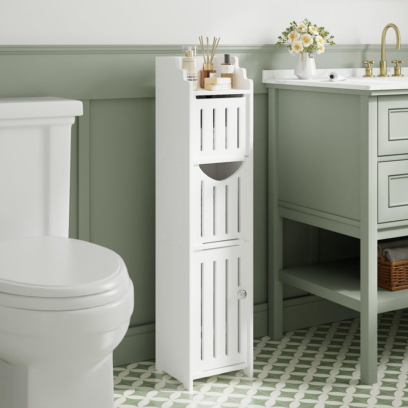 VECELO Bathroom Cabinet, Small Storage Cabinet with Toilet Paper Scroll,Corner Cabinet with Farmhouse Style Door for Bathroom Narrow Corner Space,Pearl White - Image 2