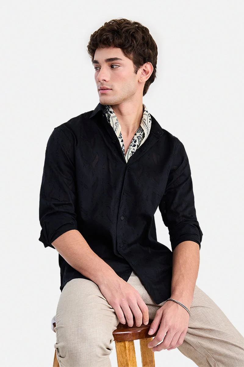 SNITCH Black Textured Long Sleeve Regular Fit Party Shirt