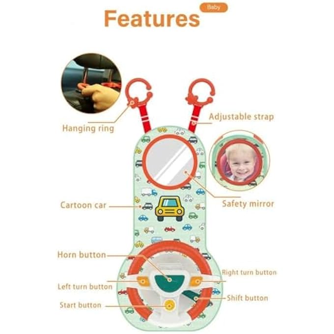 BABY CAR SEAT TOYS FOR INFANTS WITH MIRROR - CARSEAT TOYS STEERING WHEEL WITH MUSIC LIGHTS DRIVING SOUNDS, SENSORY STROLLER TOYS, MUSICAL STEERING WHEEL TOYS, CAR SEAT ACCESSORIES FOR BABIES - Image 4