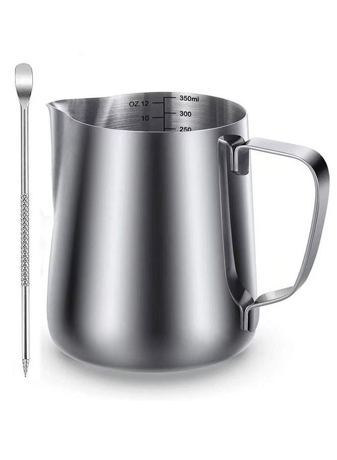 Stainless Steel Milk Frothing Pitcher 12oz 350ml, Espresso Steaming Pitcher with Tick Mark, Decorating Art Pen, Stainless Steel Milk Frother Pitcher Coffee Latte Art Cup - Image 1