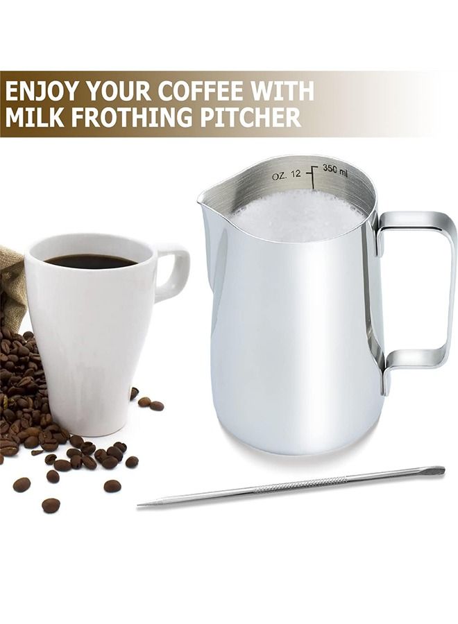 Stainless Steel Milk Frothing Pitcher 12oz 350ml, Espresso Steaming Pitcher with Tick Mark, Decorating Art Pen, Stainless Steel Milk Frother Pitcher Coffee Latte Art Cup - Image 2