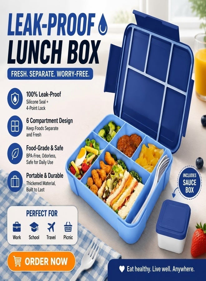 6-compartment bento box (1330 ml) featuring a leak-proof design and an included sauce container; made from BPA-free PP material, it is microwave and dishwasher safe—ideal for school, picnics, and travel. - Image 1