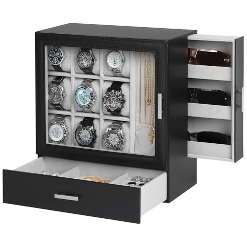 Kukikan 9-Slot Watch Display Case with Necklace Display, High End Men Jewelry Box w/Drawer, Standing Watch Box for Men w/Clear Lid, Watch Case for Sunglasses, Vertical Storage, Fathers Day Gift - Image 1