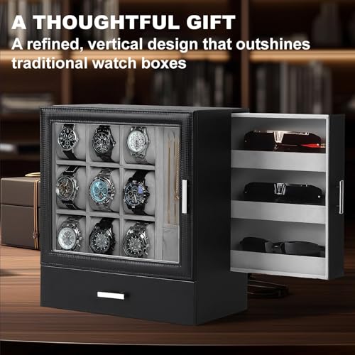 Kukikan 9-Slot Watch Display Case with Necklace Display, High End Men Jewelry Box w/Drawer, Standing Watch Box for Men w/Clear Lid, Watch Case for Sunglasses, Vertical Storage, Fathers Day Gift - Image 3