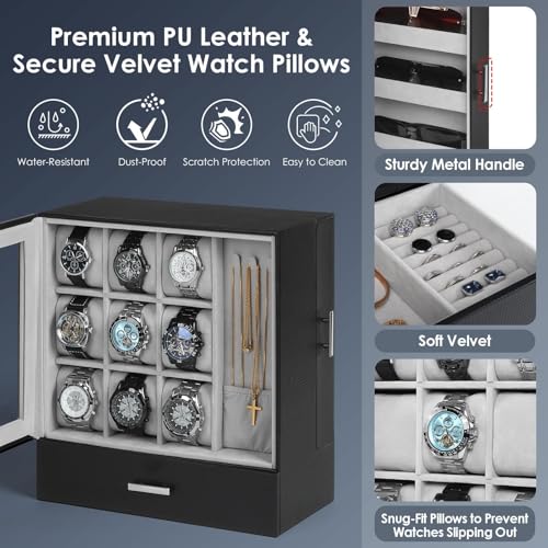 Kukikan 9-Slot Watch Display Case with Necklace Display, High End Men Jewelry Box w/Drawer, Standing Watch Box for Men w/Clear Lid, Watch Case for Sunglasses, Vertical Storage, Fathers Day Gift - Image 4