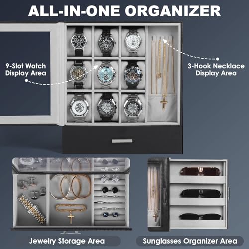 Kukikan 9-Slot Watch Display Case with Necklace Display, High End Men Jewelry Box w/Drawer, Standing Watch Box for Men w/Clear Lid, Watch Case for Sunglasses, Vertical Storage, Fathers Day Gift - Image 2