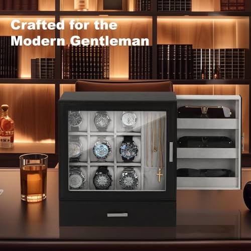 Kukikan 9-Slot Watch Display Case with Necklace Display, High End Men Jewelry Box w/Drawer, Standing Watch Box for Men w/Clear Lid, Watch Case for Sunglasses, Vertical Storage, Fathers Day Gift - Image 5