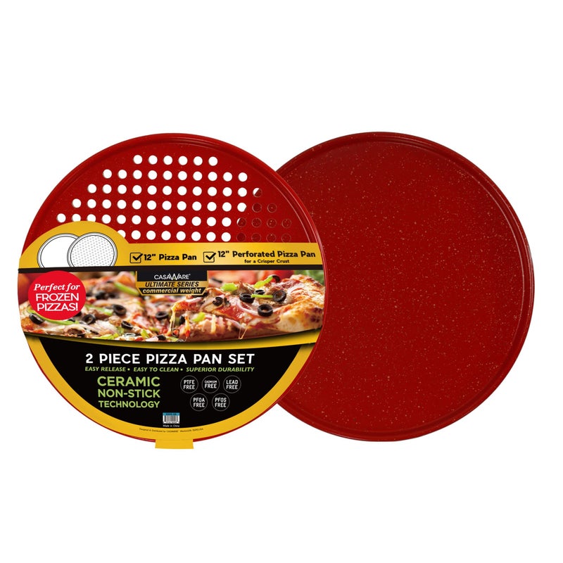 casaWare 2pc 12inch Ultimate Pizza Pan Set Nonstick Ceramic Coated 1 Solid 1 Perforated Red Granite