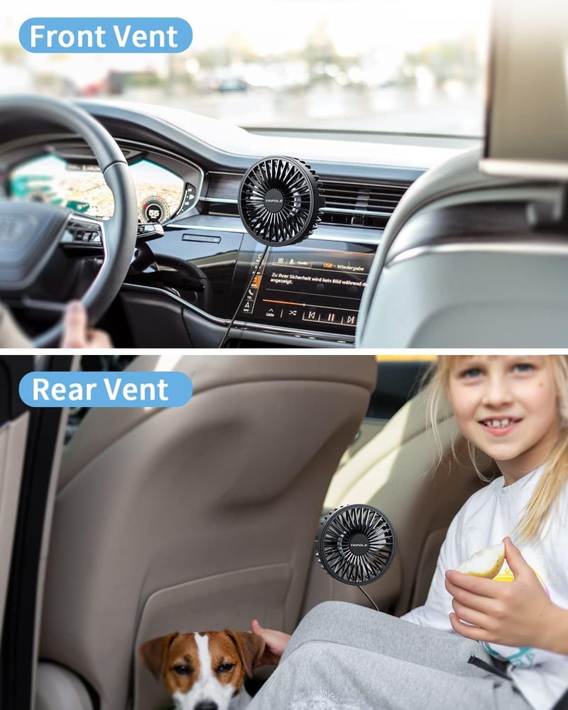 TriPole Car Fan USB Powered - Powerful 3 Speeds, Portable Cooling Clip Fan for Car Ventilation, Quiet Brushless Motor, 360 Degree Rotatable, Air Circulation for Vehicle - Image 4