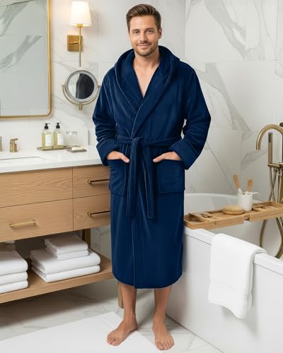 NY Threads روب رجال NY Threads مع غطاء رأس، روب استحمام فخم من الفليس، روب سبا للرجال، 2X-Large/3X-Large، أزرق داكن - Image 2