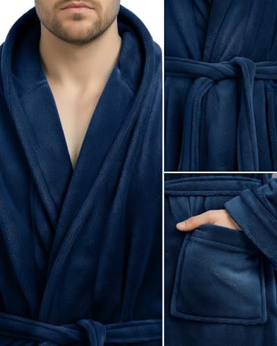 NY Threads روب رجال NY Threads مع غطاء رأس، روب استحمام فخم من الفليس، روب سبا للرجال، 2X-Large/3X-Large، أزرق داكن - Image 3